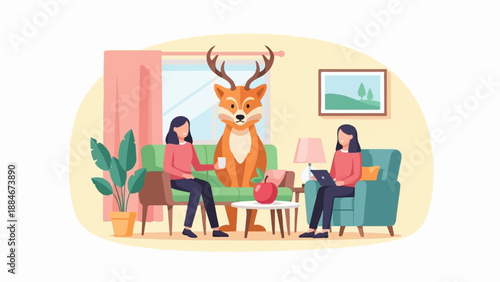 Two women relax in a cozy living room with a deer