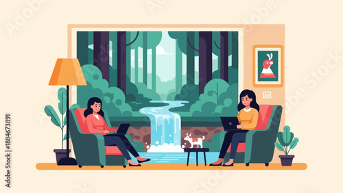 Two women working on laptops in a cozy room with a forest waterfall view
