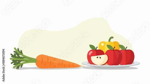 Colorful fruits and vegetables arranged on a white background with light yellow abstract shape