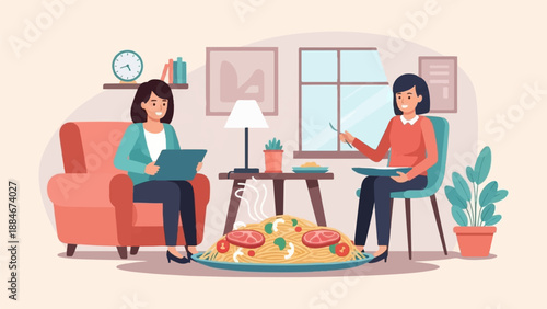 Two women enjoy a large pasta dish in a cozy living room