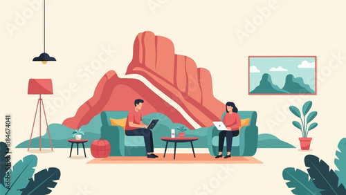 Two people work on laptops on comfy couches in a stylized living room