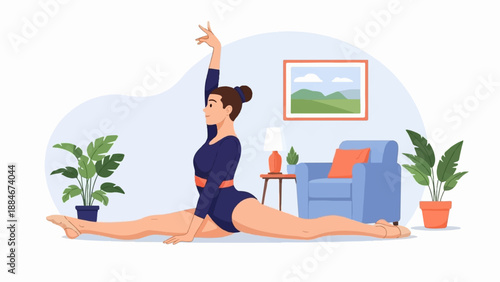 Woman in leotard stretching in a living room with plants