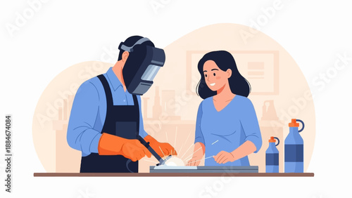 Welder in protective gear and woman observe metalwork creation