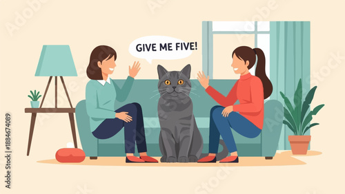 Two women and a cat giving a high five, indoors