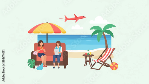 Two women relax on a sofa at the beach while a plane flies overhead