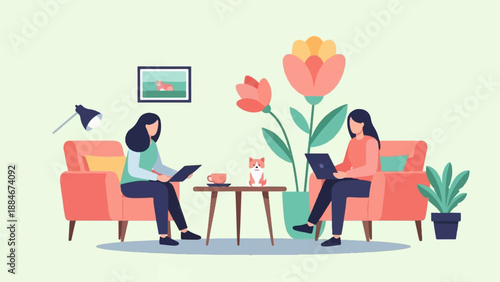 Two women work on laptops in a cozy living room with a dog