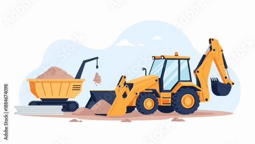 Yellow construction digger excavating dirt into a conveyor truck on site