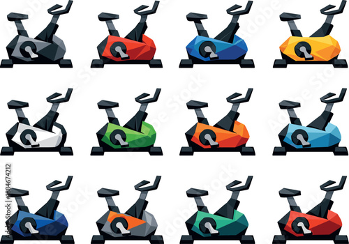 Low-Poly Exercise Bike Icons. Low-poly vector icon set of a stationary exercise bike standing idle, symbolizing unused home
