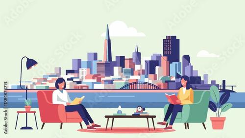 Two women relax in comfortable chairs, reading books against a backdrop of city skyscrapers