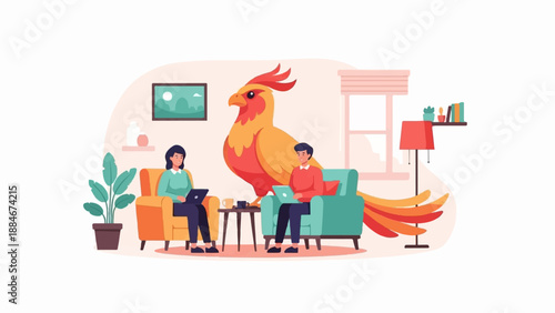 Two people work on laptops near a large, colorful bird in a room