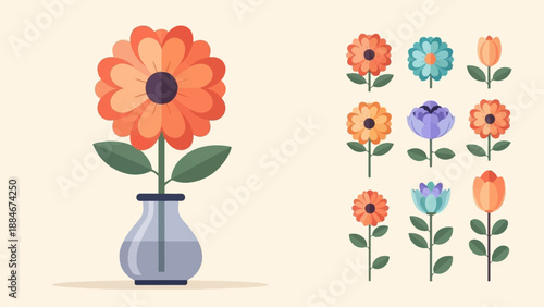 Colorful illustrated flowers in vase and single flower arrangements