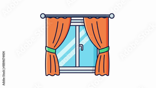 Window with orange curtains drawn back by green tie-backs