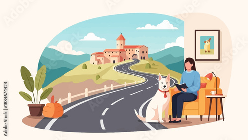 Woman and dog relax by window overlooking a scenic road to a village