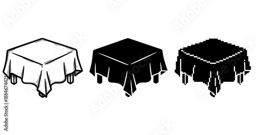 Three tablecloth styles: outline, solid, pixelated on square tables