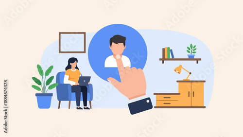 Woman on couch with laptop selects profile, office desk, shelf with books