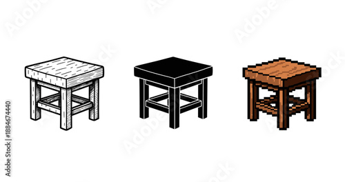 Three versions of a stool: sketch, solid black, pixelated
