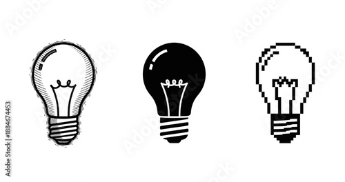 Set of three distinct light bulb designs: sketch, solid, and pixel art