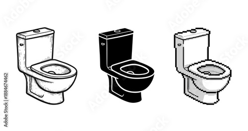 Three stylized toilet designs: sketch, silhouette, pixel art