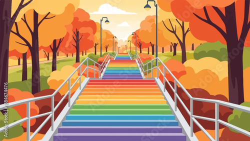 Colorful staircase in a park during autumn with trees and lamps