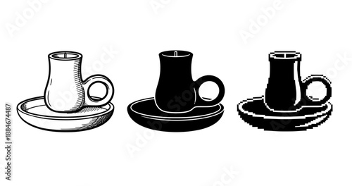 Three stylized mug and saucer designs: sketch, silhouette, pixel art