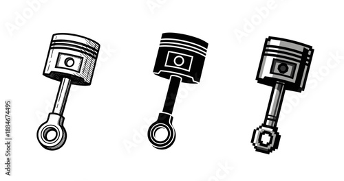 Three stylized piston designs in black and white illustration
