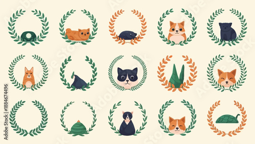 Collection of cute animals and objects inside decorative wreaths