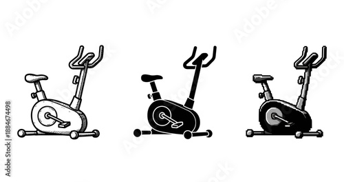 Trio of exercise bikes in different artistic styles on white background