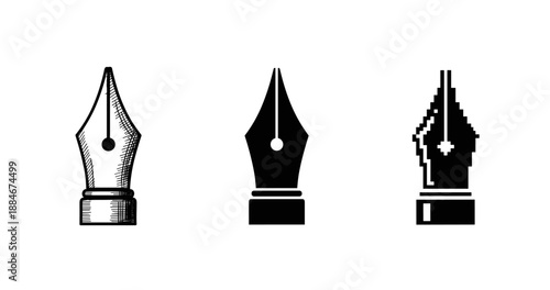 Three stylized fountain pen nibs in different artistic designs