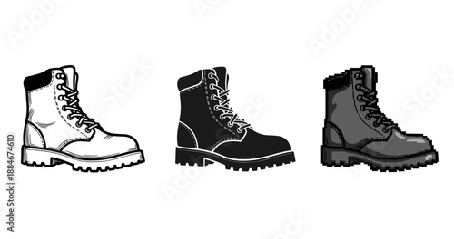 Three styles of combat boots: sketch, silhouette, pixel art depictions