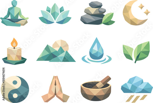 Low-Poly Meditation Icons. Meditation and relaxation concept visualized as a cohesive low-poly vector icon set built from serene