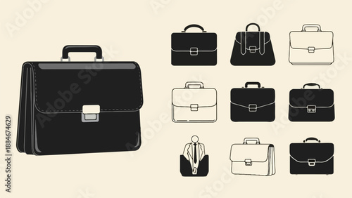 Collection of diverse briefcases and a businessman silhouette in a briefcase