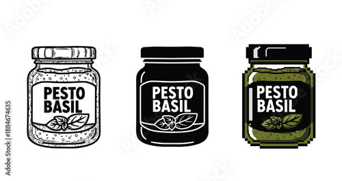 Three distinct pesto basil jar designs in different art styles
