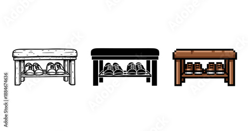 Trio of shoe racks: vintage, modern, pixel art styles with shoe storage