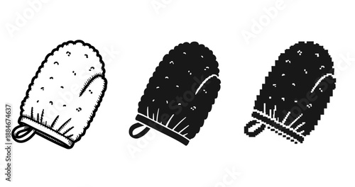 Set of three oven mitts in line art, solid, and pixelated styles