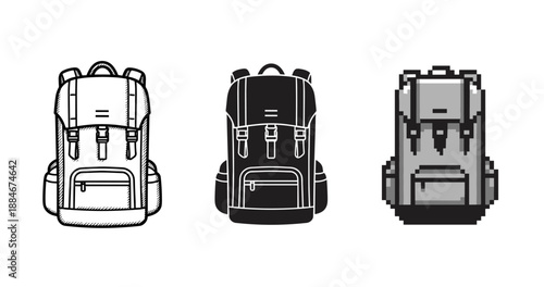 Set of three backpacks: sketch, solid, and pixel art variations