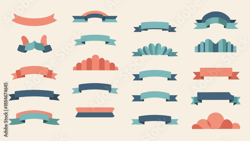 Collection of diverse flat-design ribbons and banners in coral, teal, and navy
