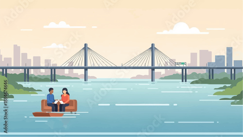 Couple in boat on river with city and bridge backdrop