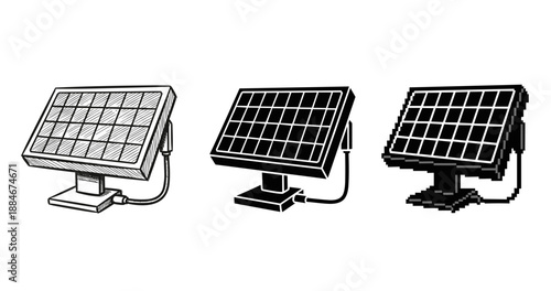 Stylized solar panels: sketch, silhouette, and pixel art variations