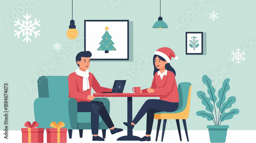 Couple in festive attire enjoys coffee and conversation at a cozy indoor cafe