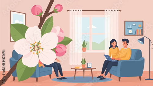 Couple in cozy room with blooming tree indoors