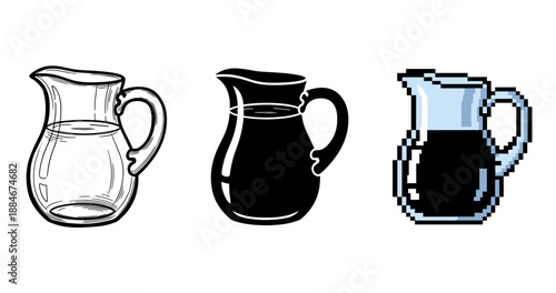 Three stylized water jugs: outline, silhouette, pixel art variations