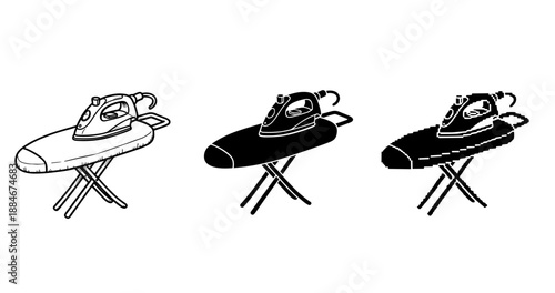 Stylized ironing board and iron in three artistic renderings