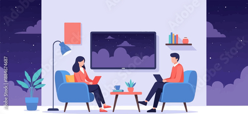 Couple in living room at night with laptops and starry sky