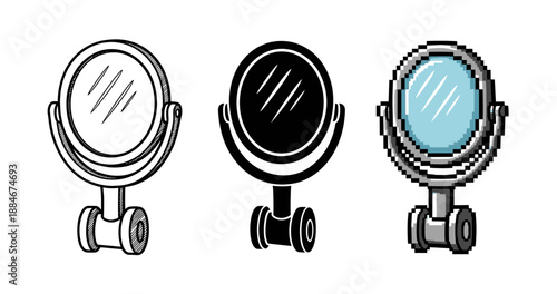 Artistic interpretations of a vanity mirror in retro and pixel styles