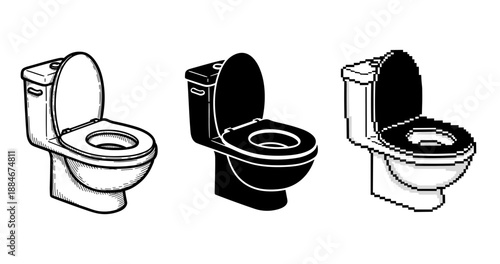 Three toilet designs: sketch, silhouette, pixel art styles comparison