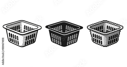 Three variations of wastebasket design in sketch, silhouette, and pixel art styles
