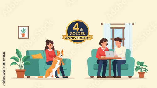Couple celebrates 4th anniversary at home with dog and laptop