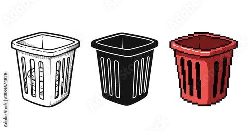 Set of three trash cans: sketch, solid, and pixel art styles