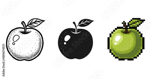 Artistic styles of apples: sketch, silhouette, pixelated