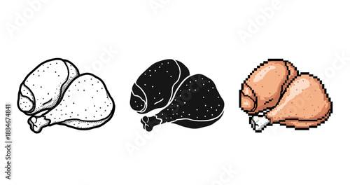 Variety of chicken drumstick illustrations: sketch, silhouette, and pixel art styles